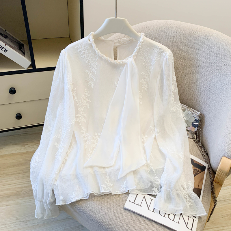 Lace pearl collar spring jacquard fashion shirt for women