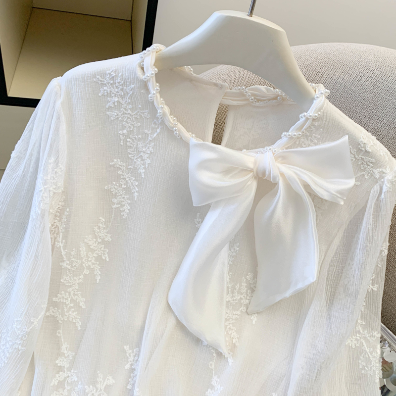 Lace pearl collar spring jacquard fashion shirt for women