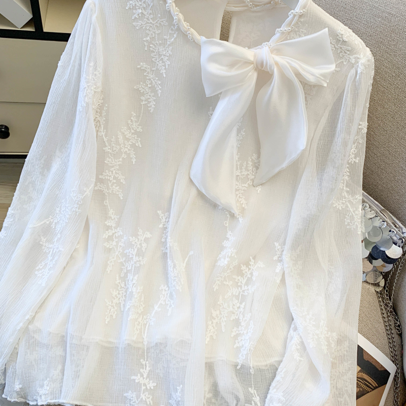 Lace pearl collar spring jacquard fashion shirt for women