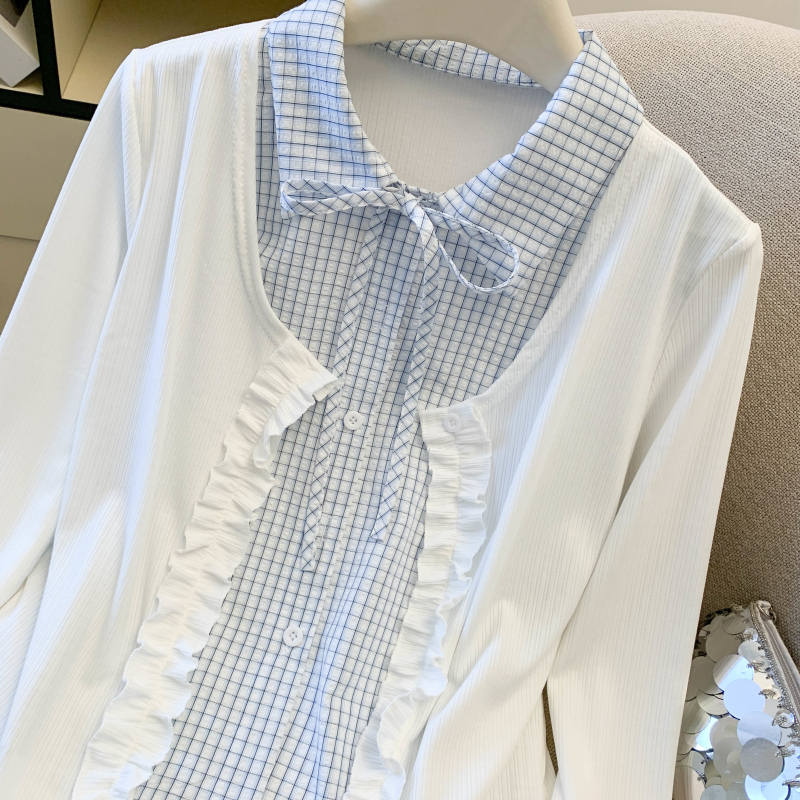 Korean style plaid splice Western style T-shirt