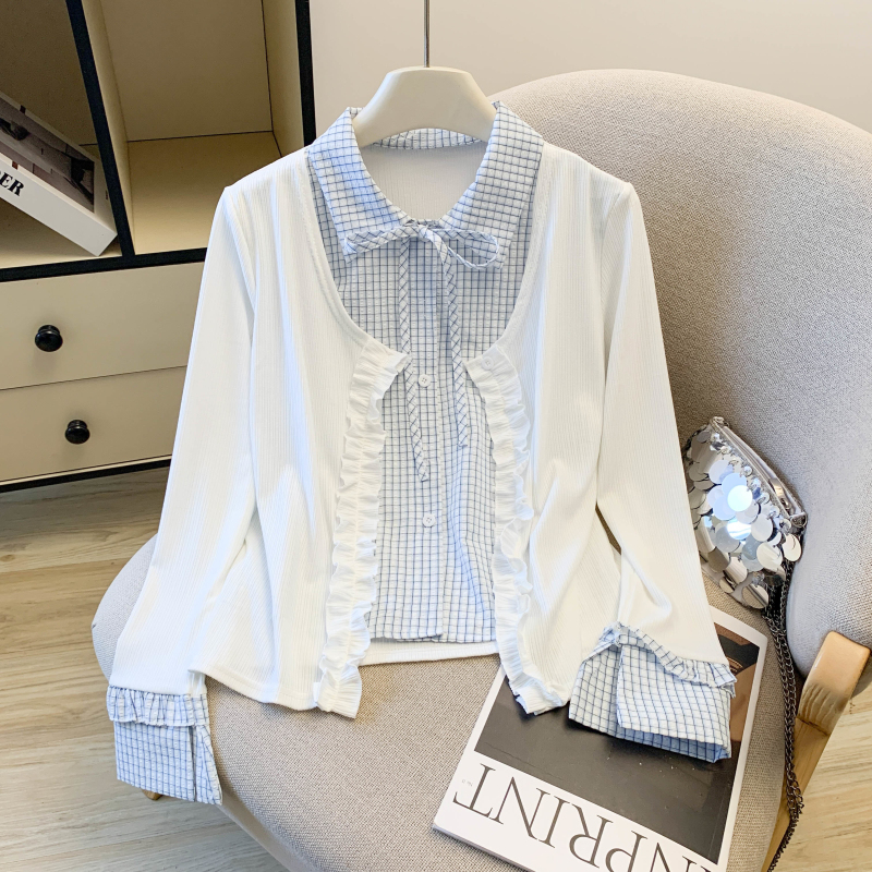 Korean style plaid splice Western style T-shirt