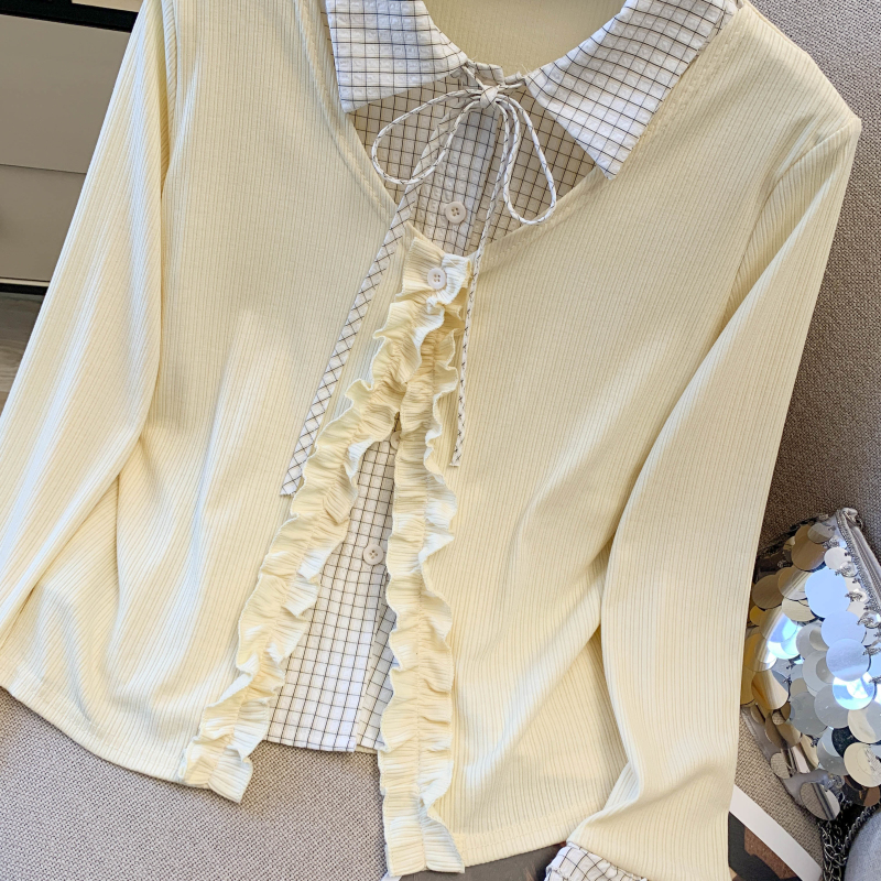 Korean style plaid splice Western style T-shirt