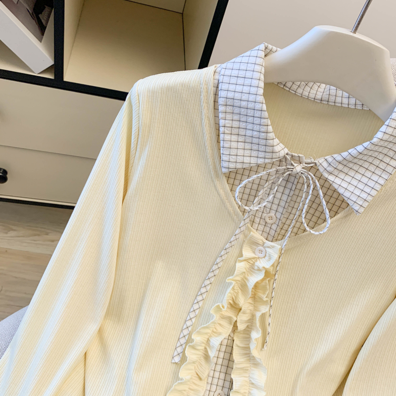 Korean style plaid splice Western style T-shirt