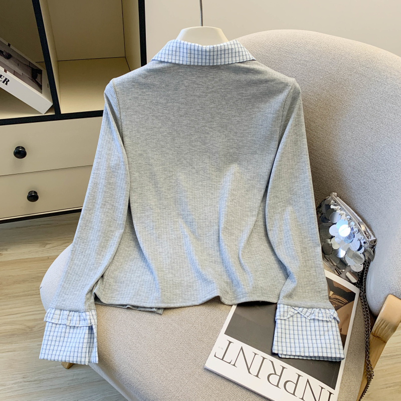 Korean style plaid splice Western style T-shirt