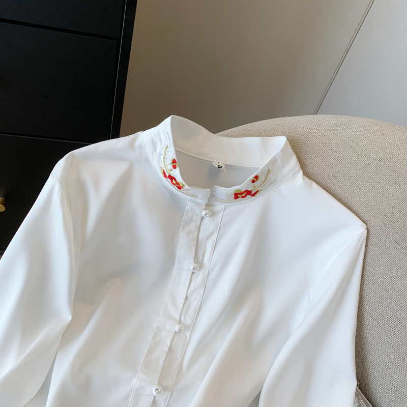 Cstand collar embroidery shirt long sleeve tops for women