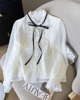 Flowers unique bow shirt loose cstand collar sweet tops