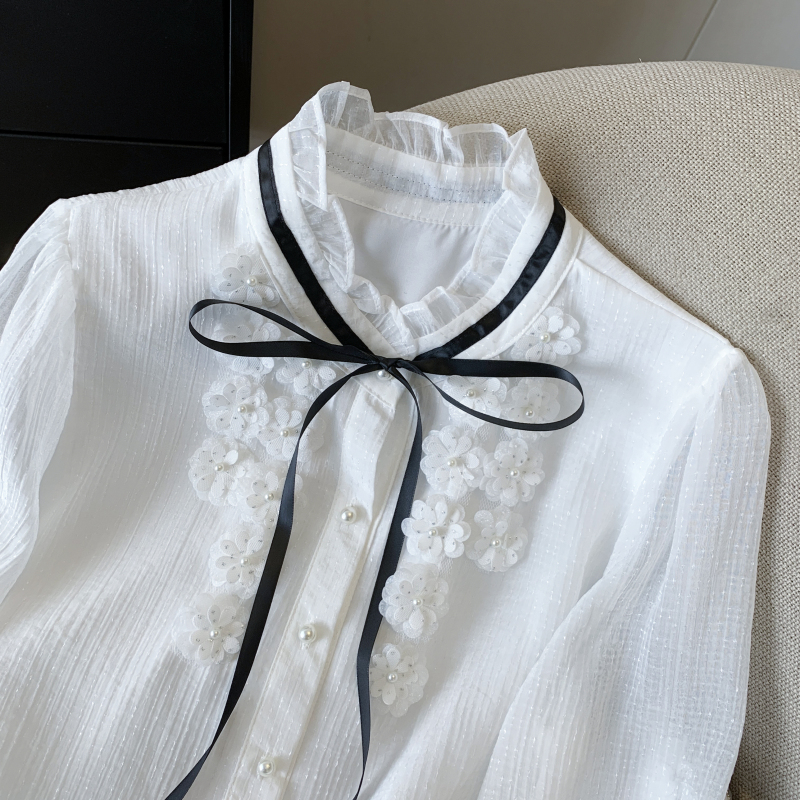 Flowers unique bow shirt loose cstand collar sweet tops