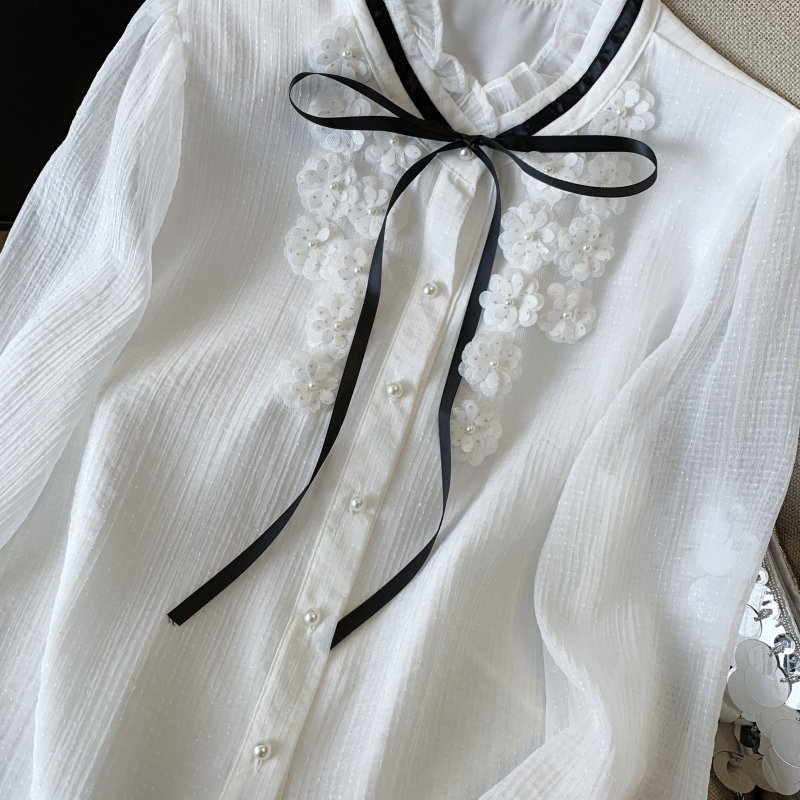Flowers unique bow shirt loose cstand collar sweet tops
