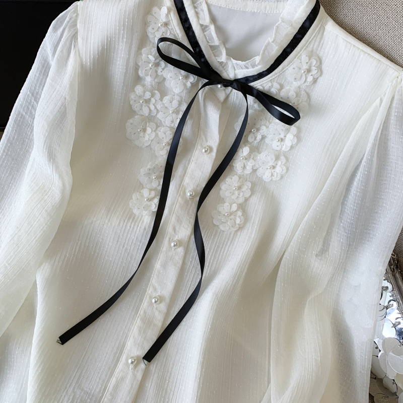 Flowers unique bow shirt loose cstand collar sweet tops