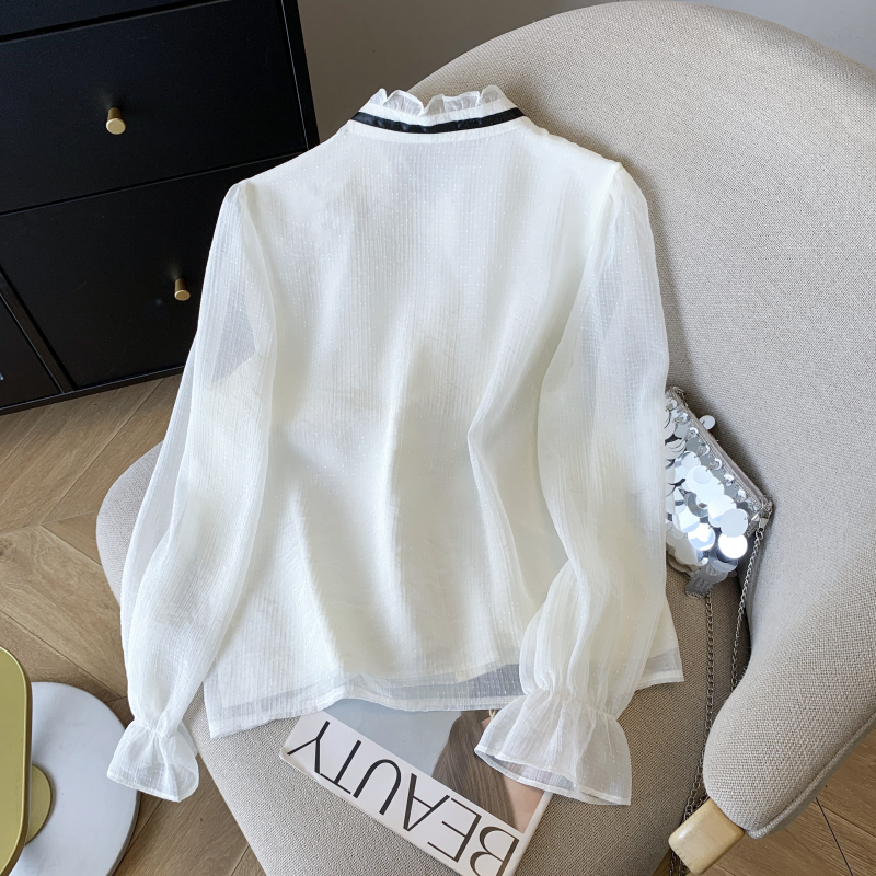 Flowers unique bow shirt loose cstand collar sweet tops