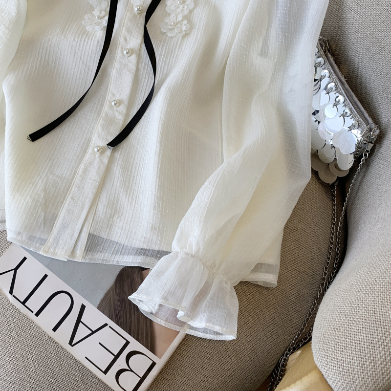 Flowers unique bow shirt loose cstand collar sweet tops