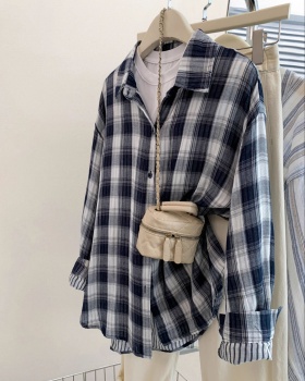 France style loose shirt plaid long sleeve tops for women