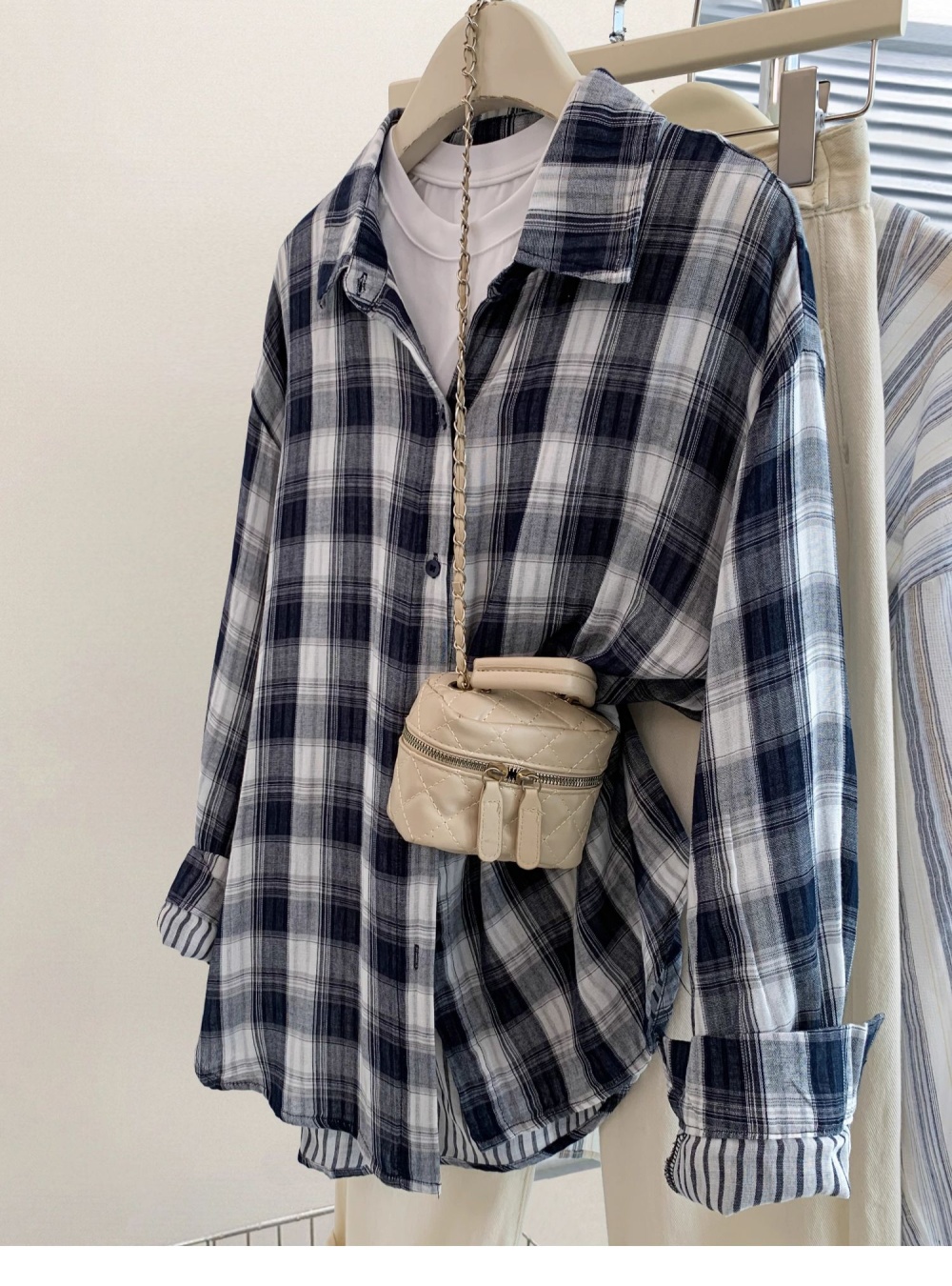 France style loose shirt plaid long sleeve tops for women