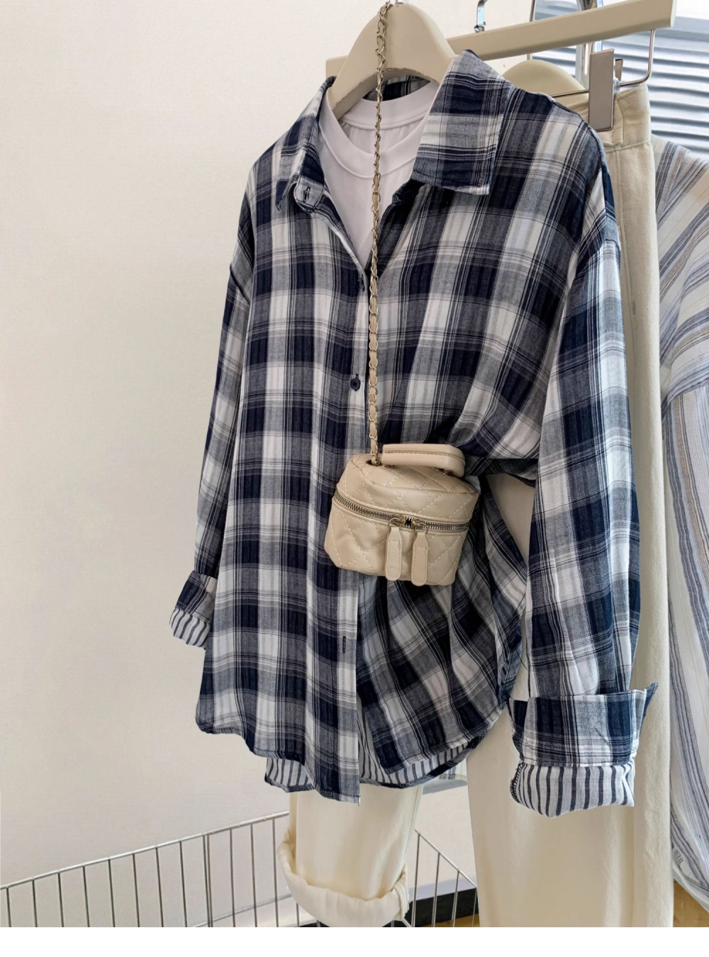 France style loose shirt plaid long sleeve tops for women