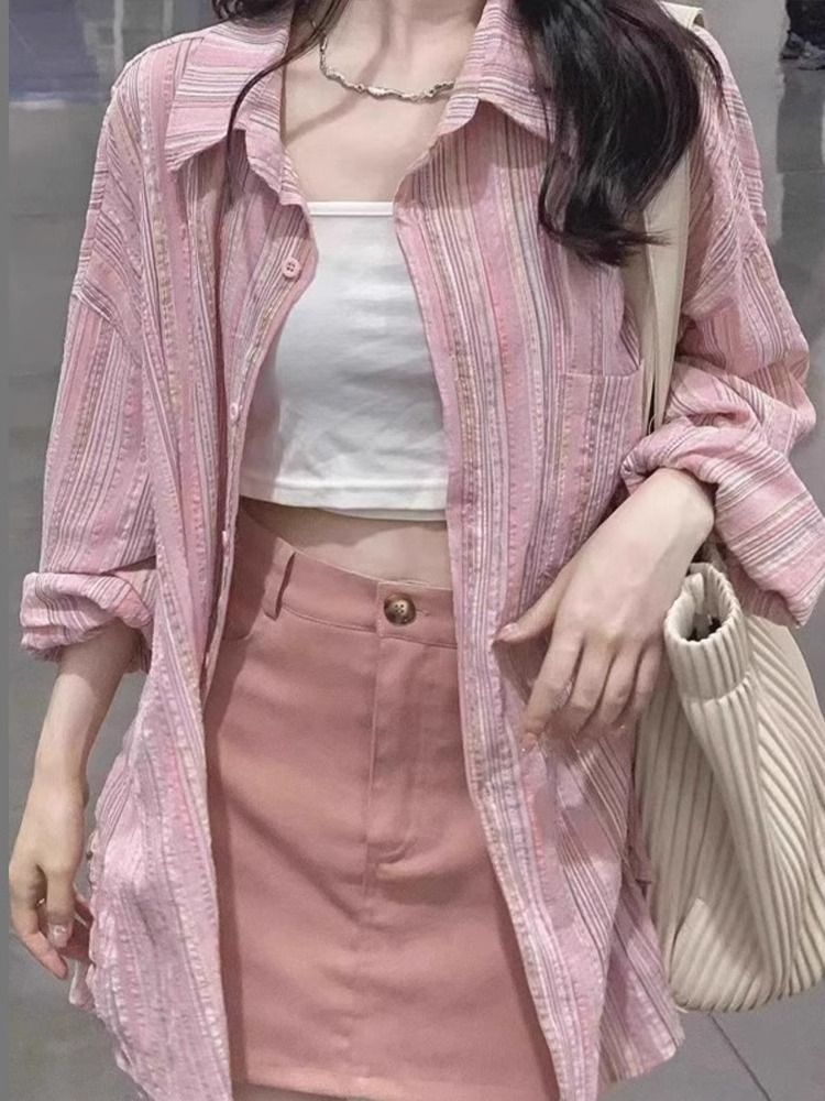 Spring pink cardigan outside the ride loose shirt