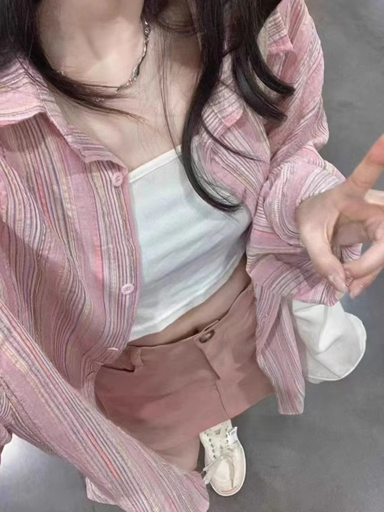 Spring pink cardigan outside the ride loose shirt