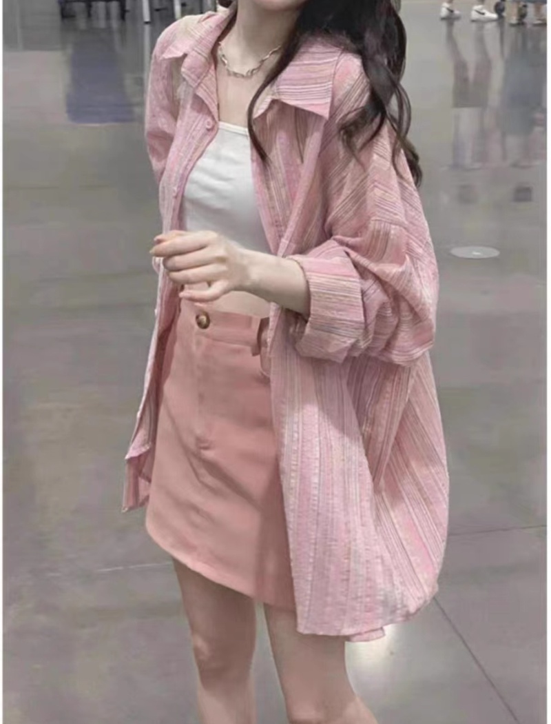 Spring pink cardigan outside the ride loose shirt