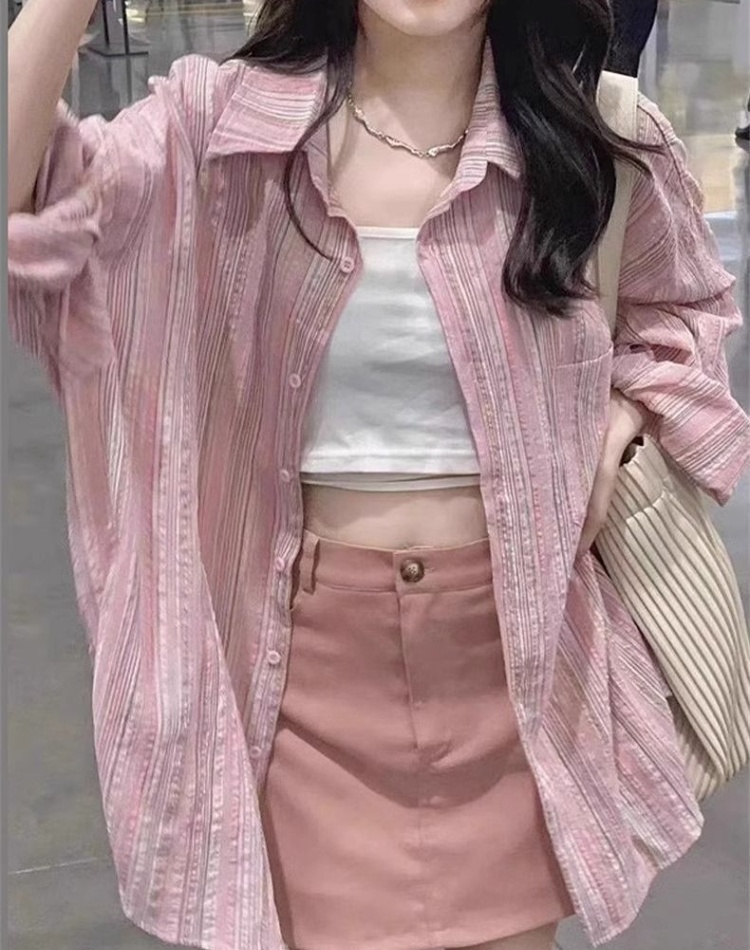 Spring pink cardigan outside the ride loose shirt