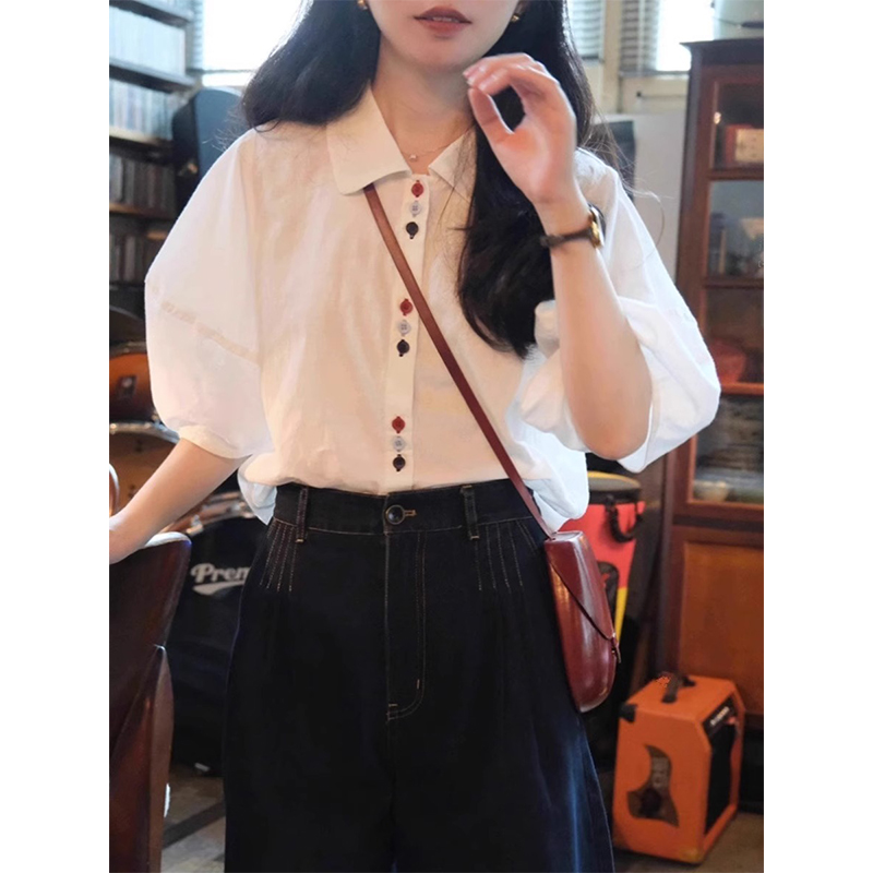 Loose summer puff sleeve buckle short sleeve unique shirt