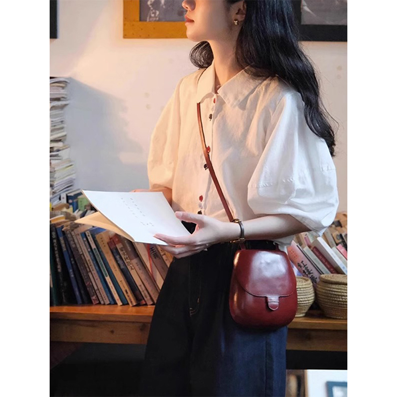 Loose summer puff sleeve buckle short sleeve unique shirt