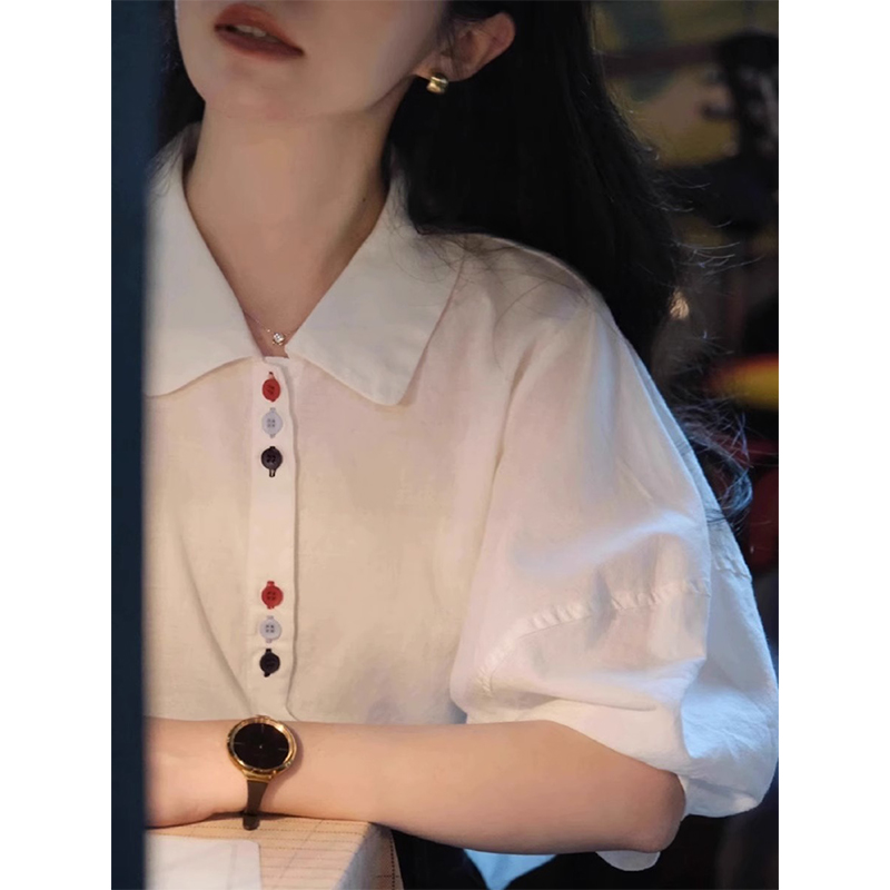 Loose summer puff sleeve buckle short sleeve unique shirt