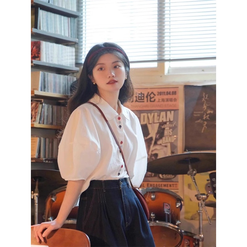 Loose summer puff sleeve buckle short sleeve unique shirt