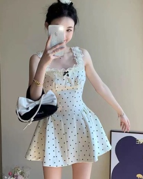 Spring polka dot short sleeveless dress lace sling dress