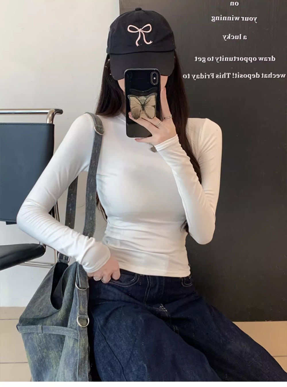 Long sleeve screw thread T-shirt lazy slim tops for women