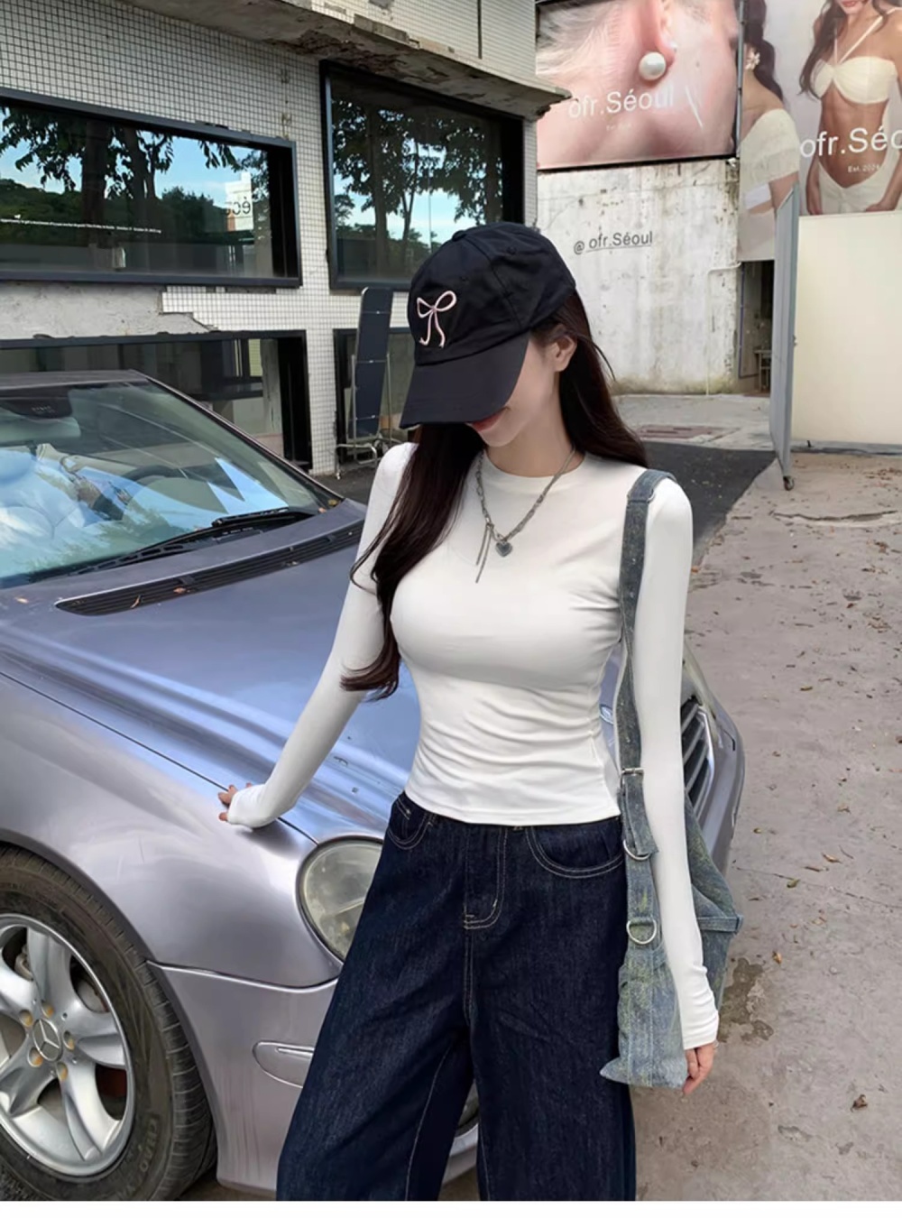 Long sleeve screw thread T-shirt lazy slim tops for women