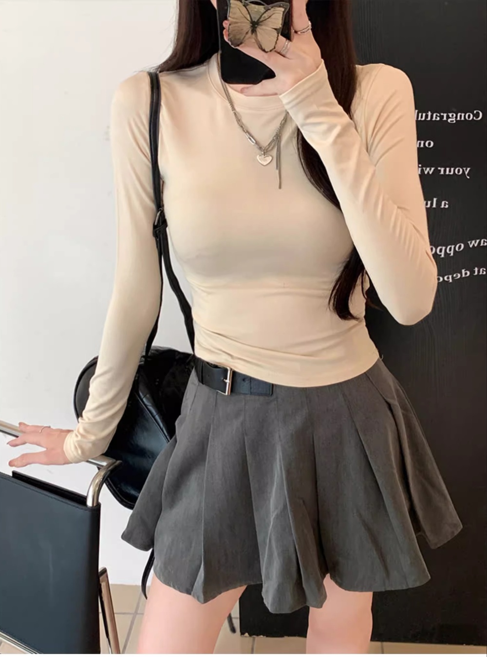 Long sleeve screw thread T-shirt lazy slim tops for women