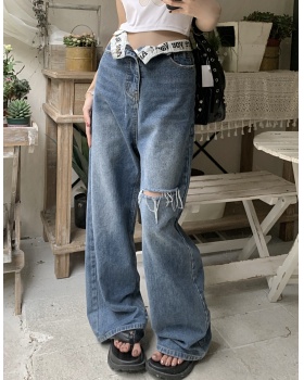 Personality letters wide leg pants straight holes jeans
