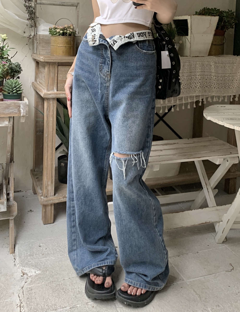 Personality letters wide leg pants straight holes jeans