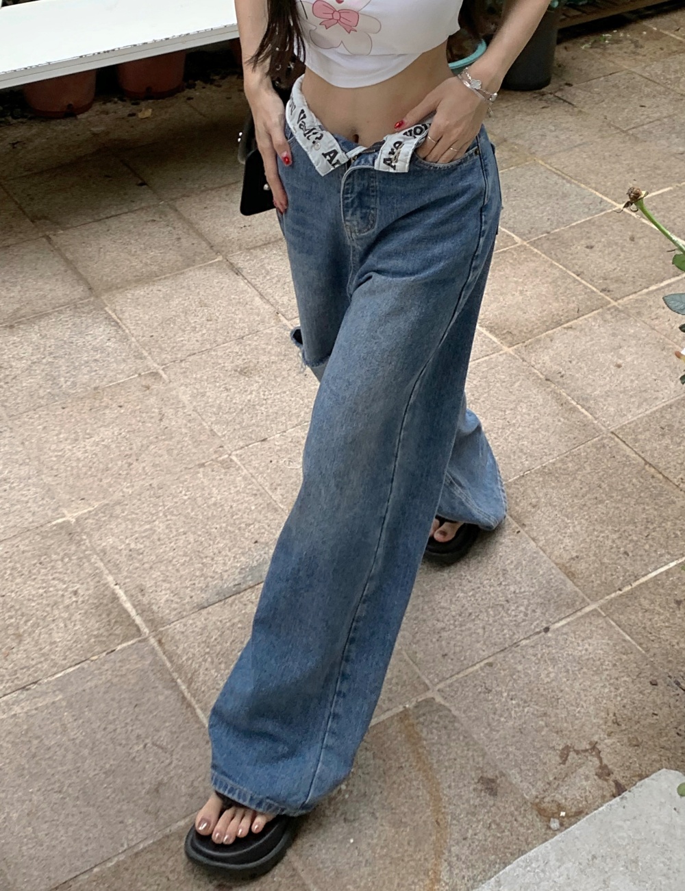 Personality letters wide leg pants straight holes jeans