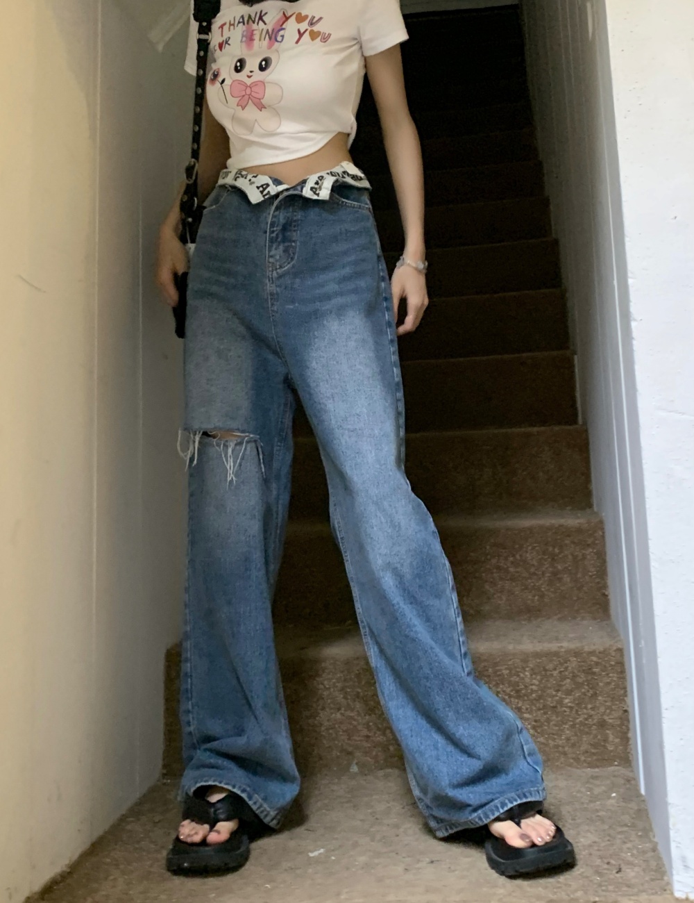 Personality letters wide leg pants straight holes jeans