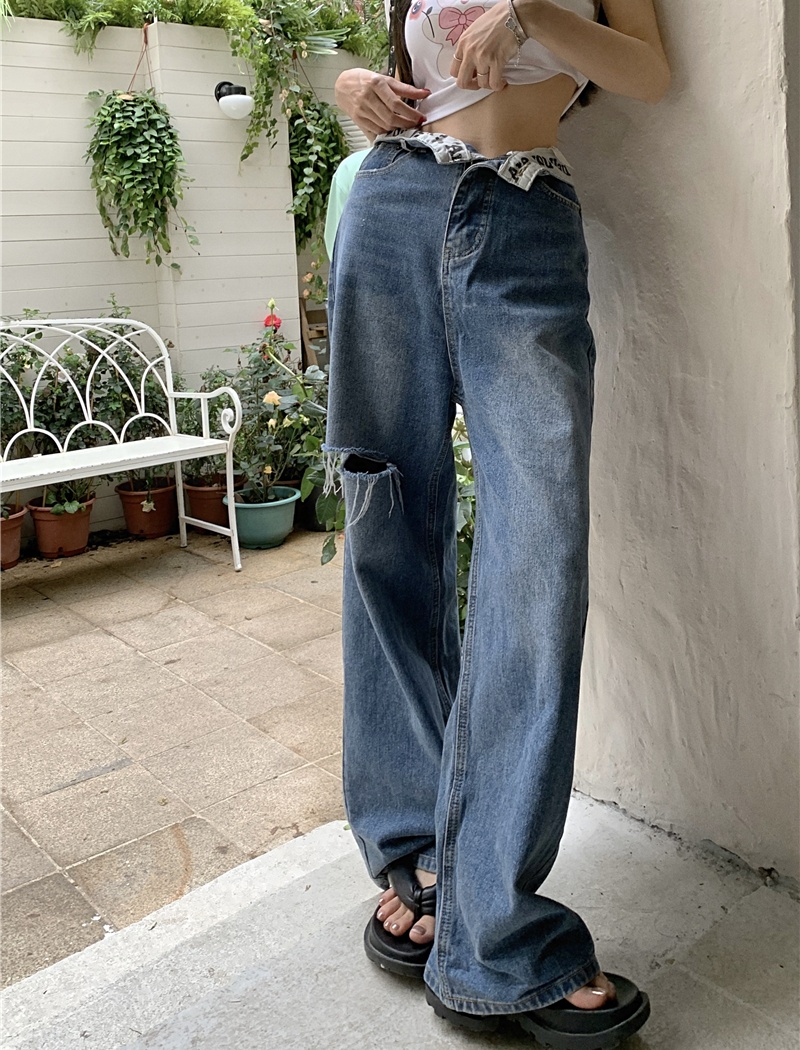 Personality letters wide leg pants straight holes jeans