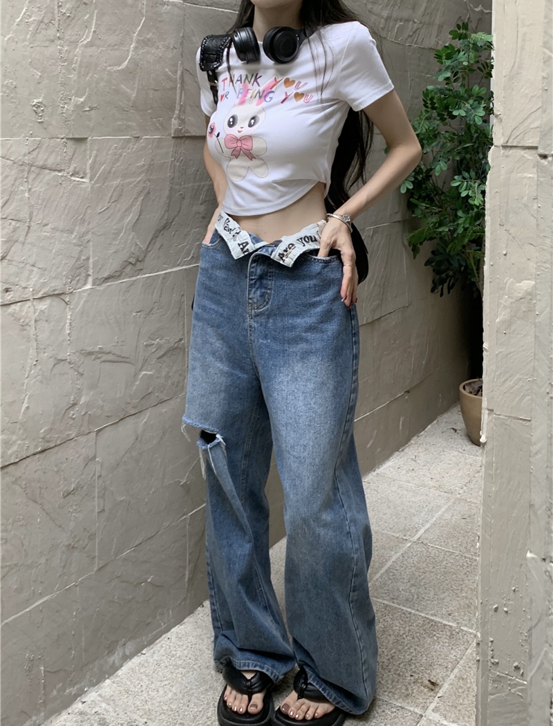 Personality letters wide leg pants straight holes jeans