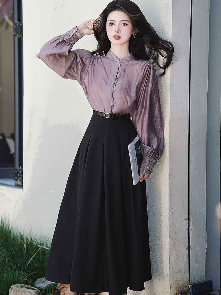 Long sleeve spring dress purple tops a set for women
