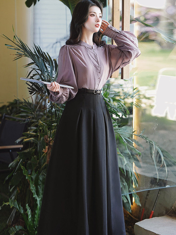 Long sleeve spring dress purple tops a set for women