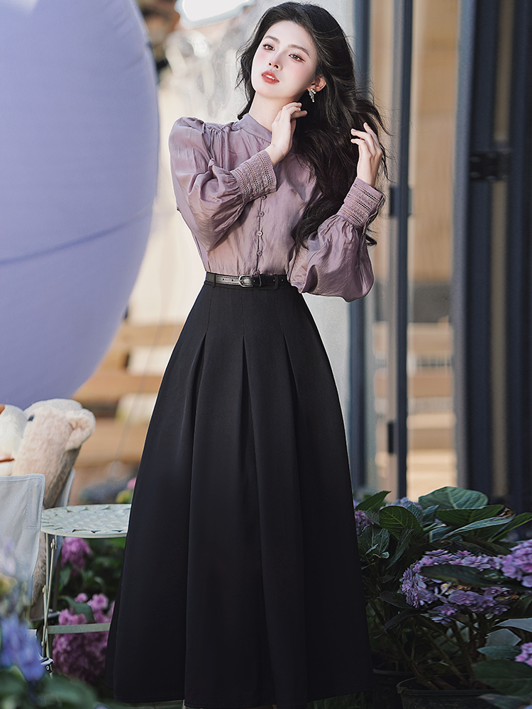 Long sleeve spring dress purple tops a set for women