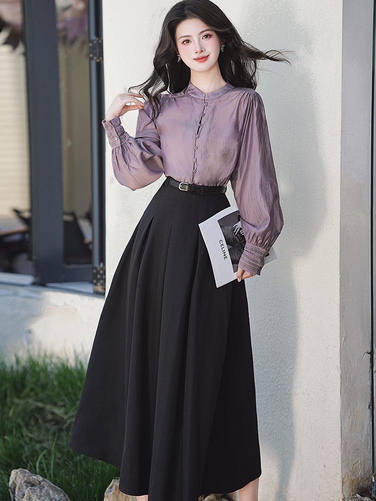 Long sleeve spring dress purple tops a set for women
