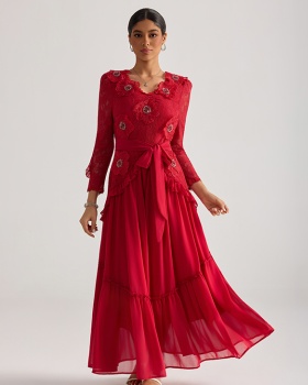 Beading France style long dress stereoscopic lace dress