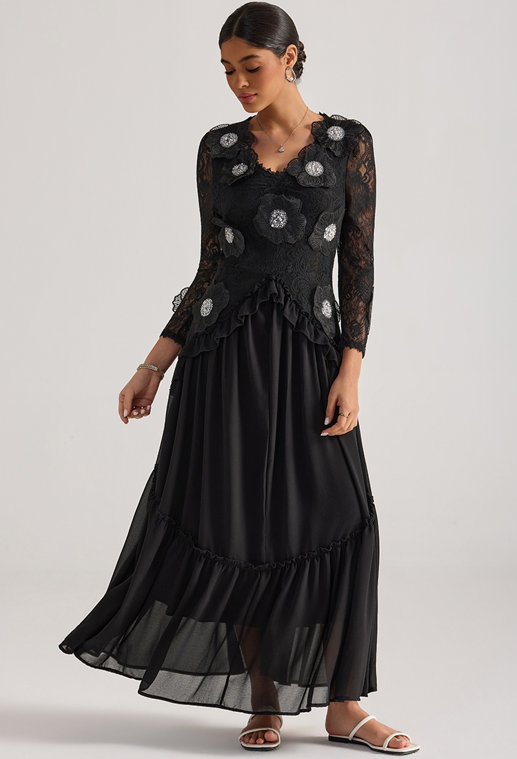 Beading France style long dress stereoscopic lace dress