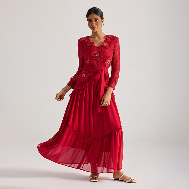 Beading France style long dress stereoscopic lace dress