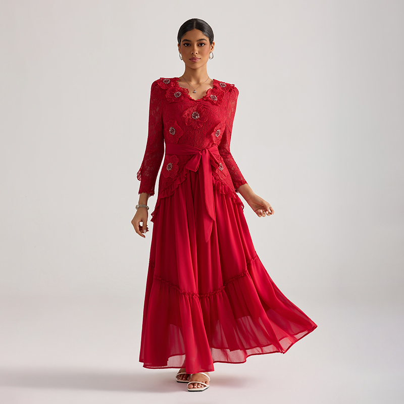 Beading France style long dress stereoscopic lace dress