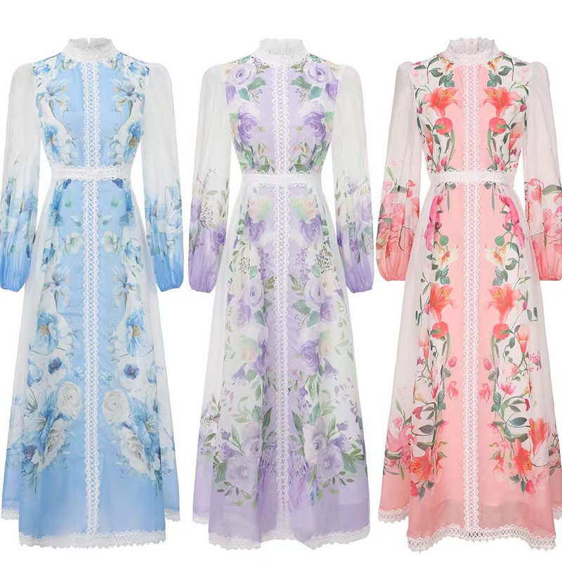 Cstand collar long splice lace spring dress