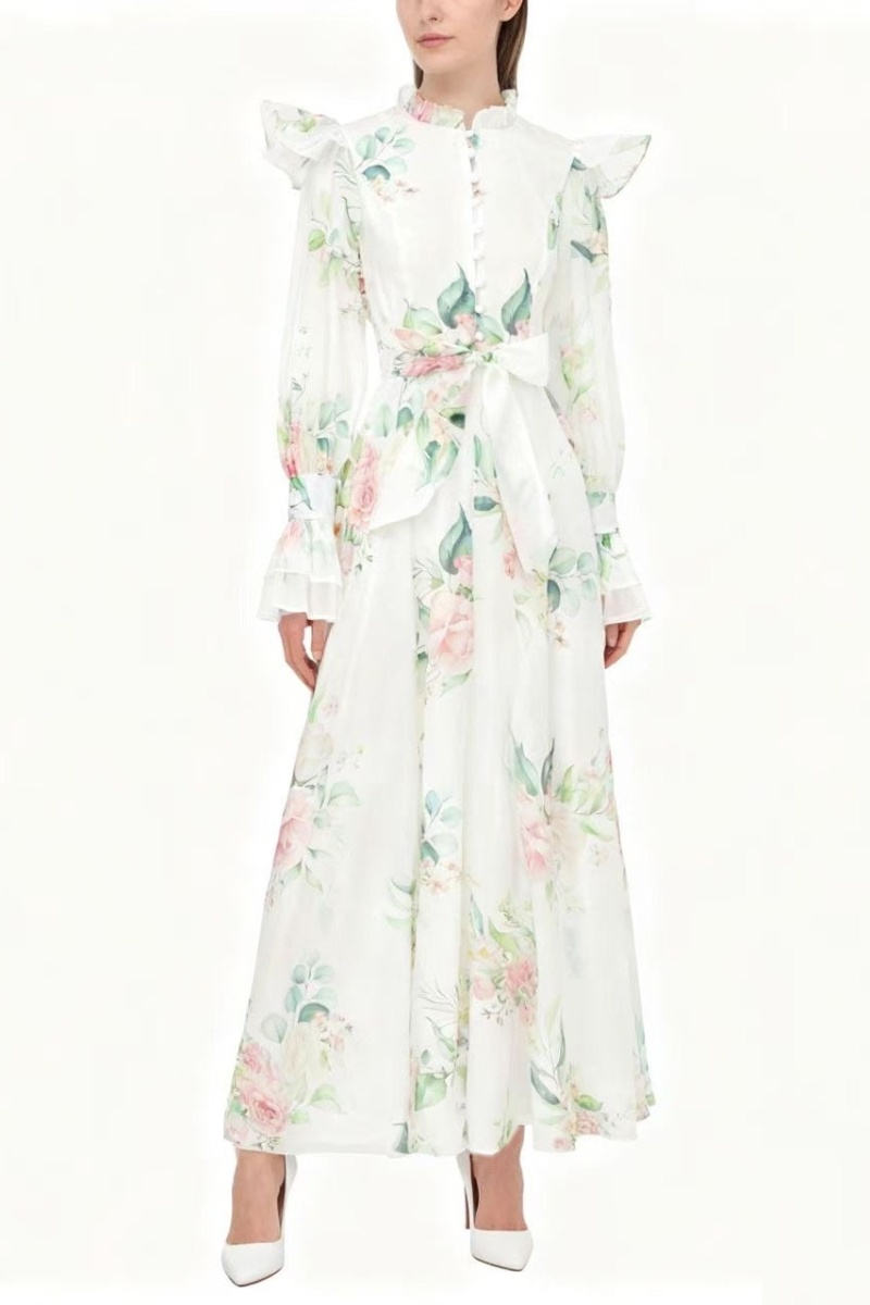 Trumpet sleeves flowers lotus leaf edges dress