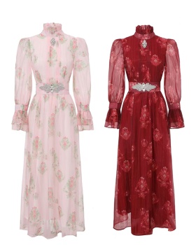 Trumpet sleeves printing spring and summer dress