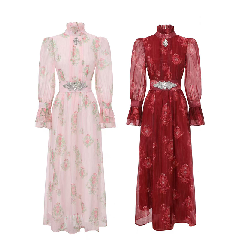 Trumpet sleeves printing spring and summer dress