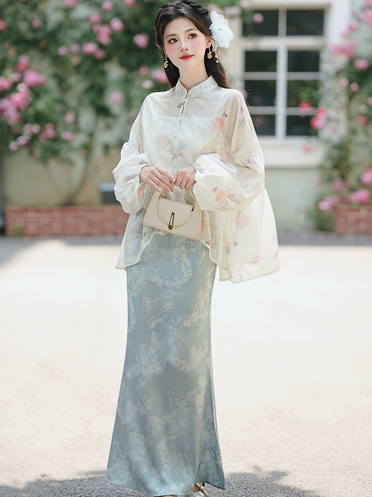 Loose Chinese style tops slim cardigan a set for women