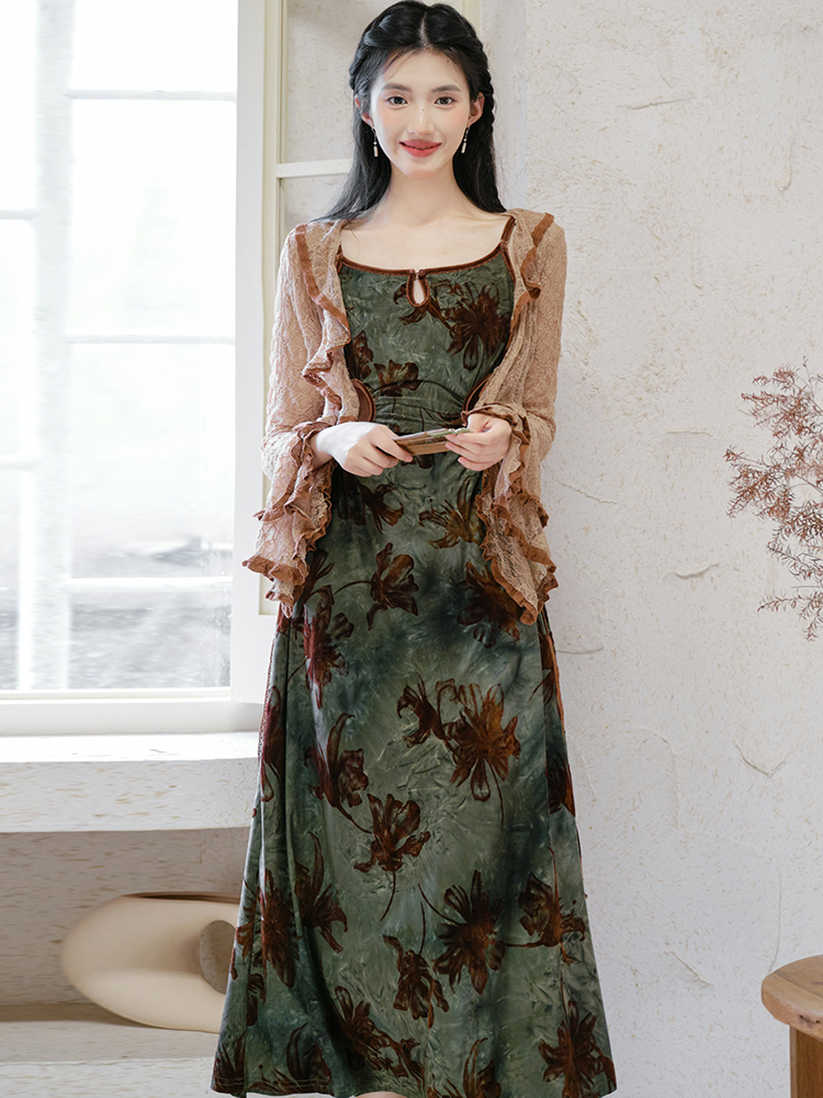 Autumn cardigan outside the ride dress 2pcs set